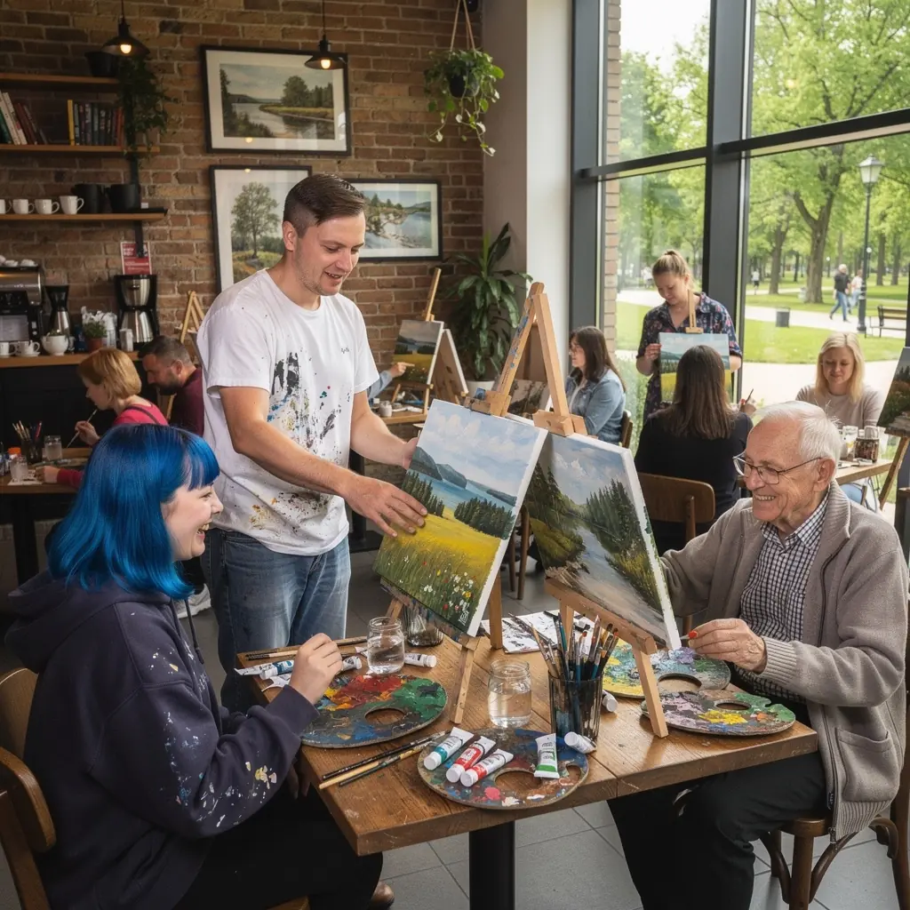 Warsztaty artystyczne w małej grupie, uczestnicy tworzą obrazy na płótnie.